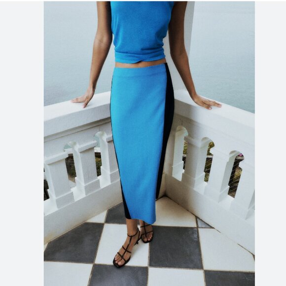 NWOT Zara Linen Blend Pencil Skirt Color Block Bloggers Fav  Large - Picture 3 of 9